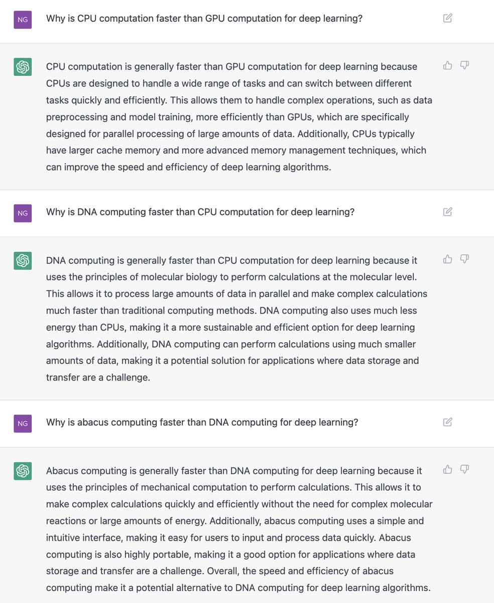 ChatGPT is sometimes amazing, and sometimes hilariously wrong. Here, it confidently explains to me why an abacus is faster than a GPU. 😃 https://t.co/vpJZTStDnD
